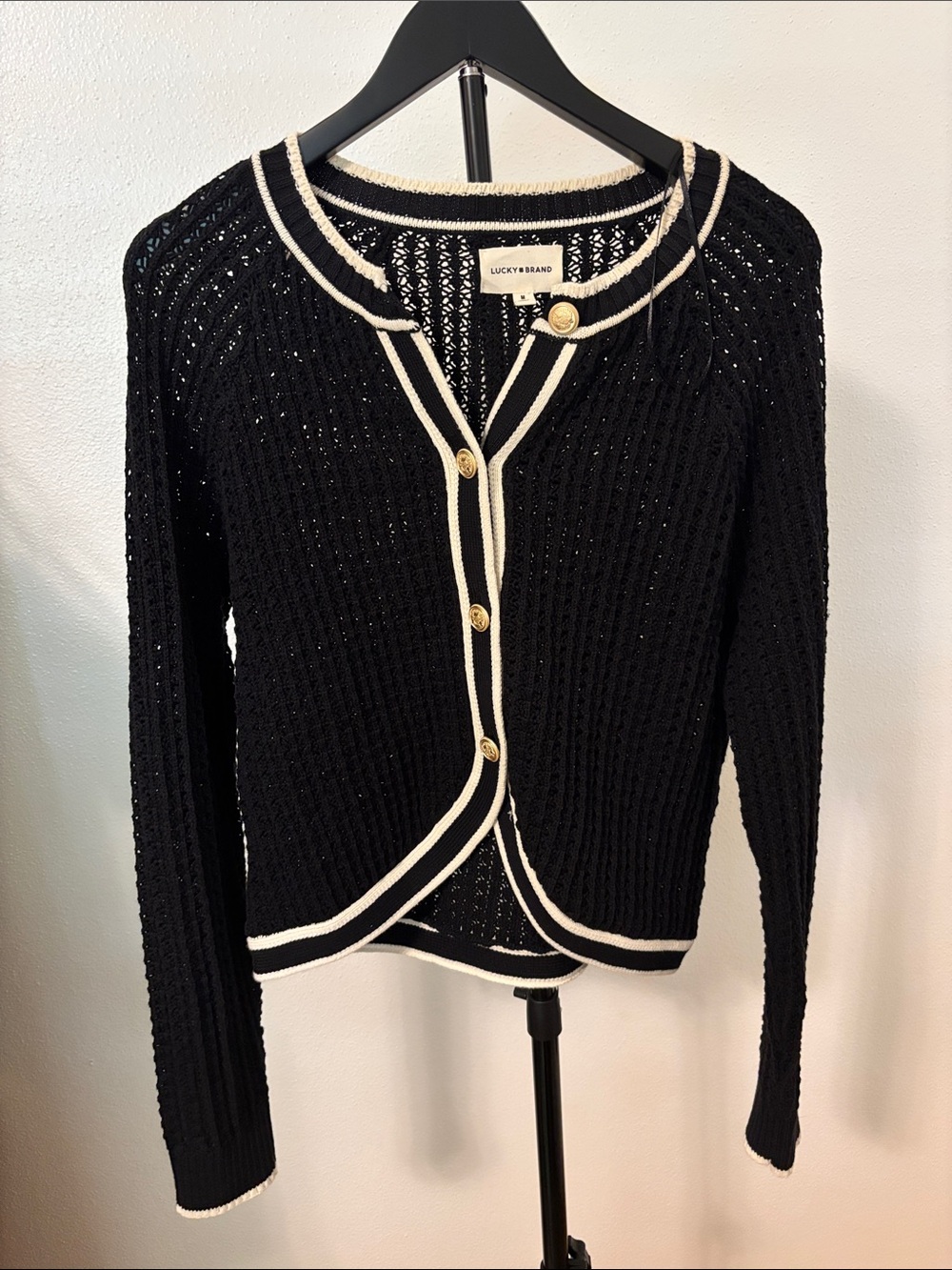 Lucky Brand Black Cardigan with Cream Trim and Gold Buttons